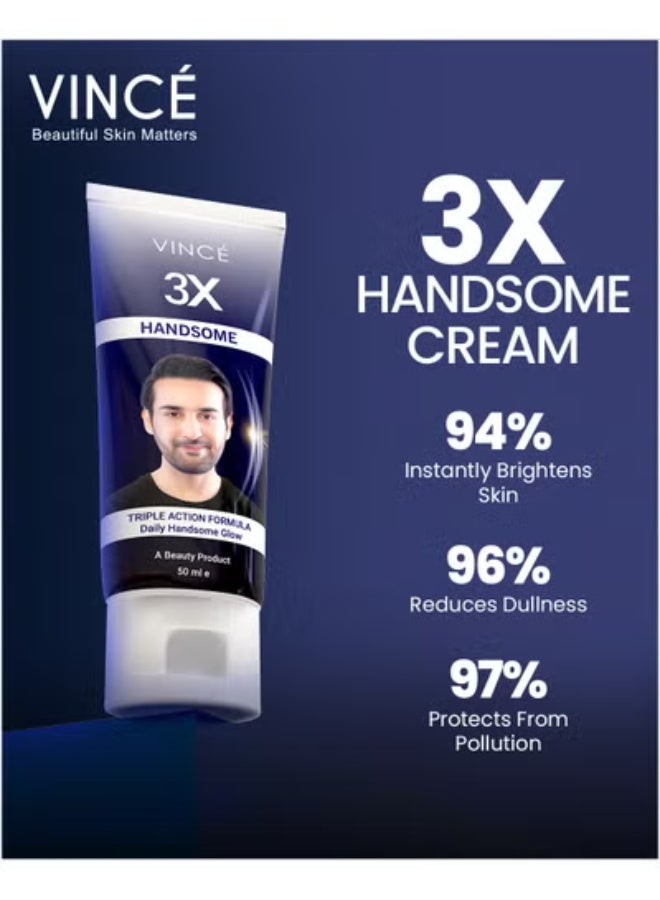 VINCE 3X Handsome Cream for Men - Deal 2 – Daily Face Brightening Cream with Vitamin B3, Reduces Blemishes & Dullness, Boosts Glow, Non-Greasy, Matte & Oil-Free Finish, 50ml - Image 2